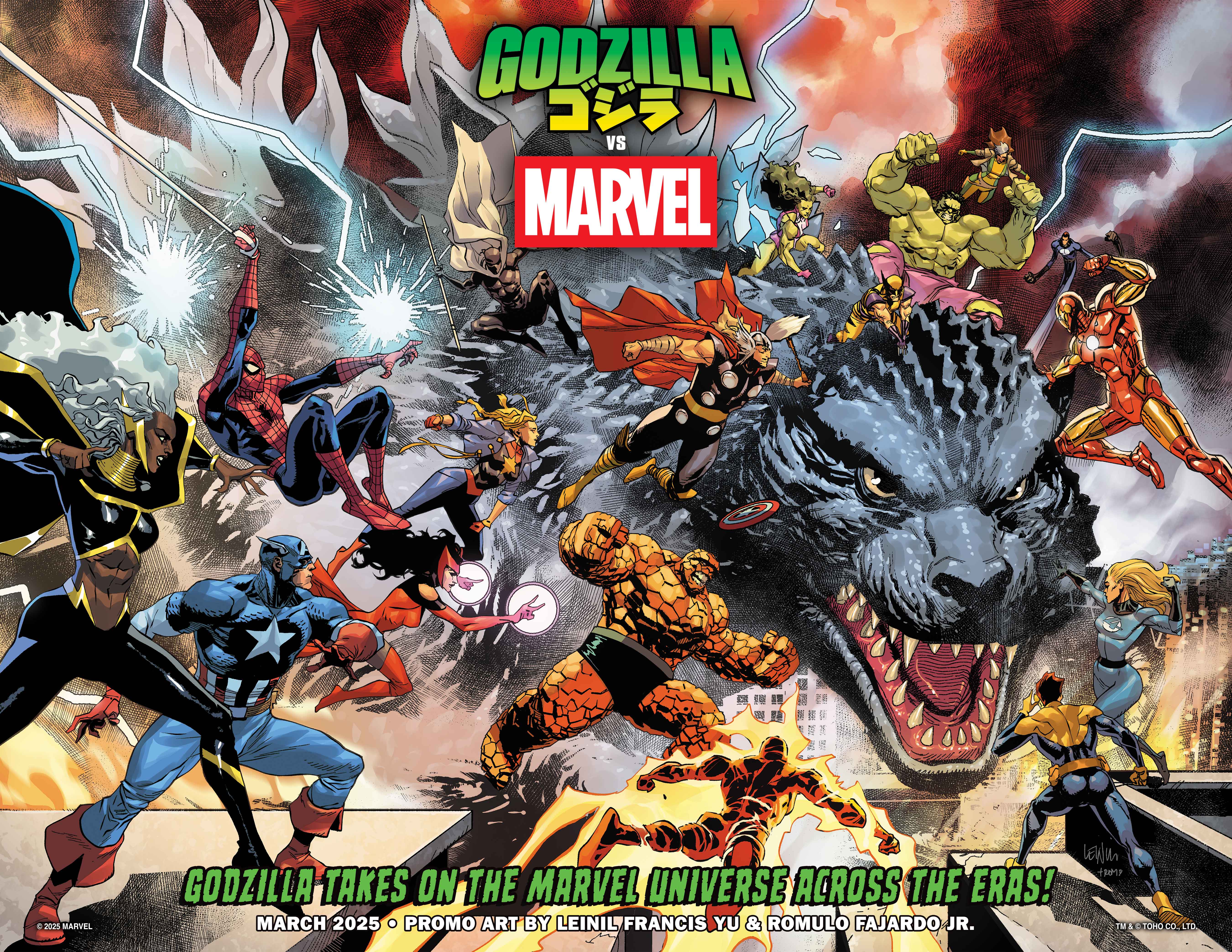 offical promo art for godzilla crossing over with marvel featuring Godzilla, Spider-Man, Captain America, Storm, Scarlet Witch, Captain Marvel, Black Panther, Thor, She-Hulk, Hulk, Wolverine, Rogue, Mr. Fantastic, Iron Man, the Invisible Woman, Cyclops, Thing, and the Human Torch